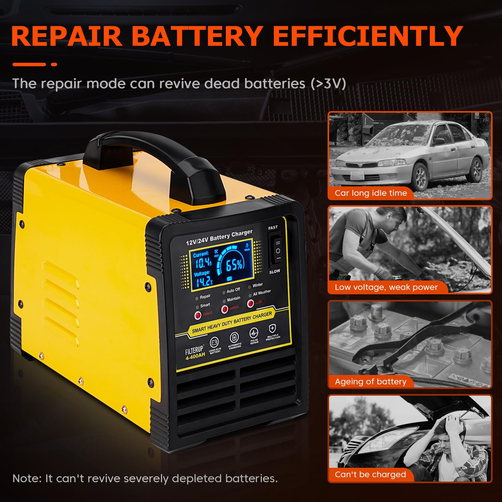 12V 24V Lead-Acid Battery Charger Heavy Duty, 0-15A Smart Automatic Battery Maintainer For Car Truck Boat Motorcycle RV Lawn Mower (Yellow)