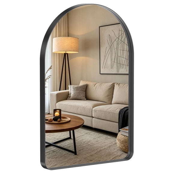 Arched Wall Mirror for Bathroom Vanity, Modern Matte Metal Deep Frame Hanging Mirror for Living Room, Entryway and Over Sink Decor