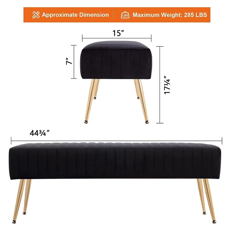 Modern Upholstered Bedroom Bench, End of Bed Bench with Gold Metal Legs, Fabric Entryway Bench Ottoman, Padded Accent Bench for Bedroom, Living Room, Hallway, Black