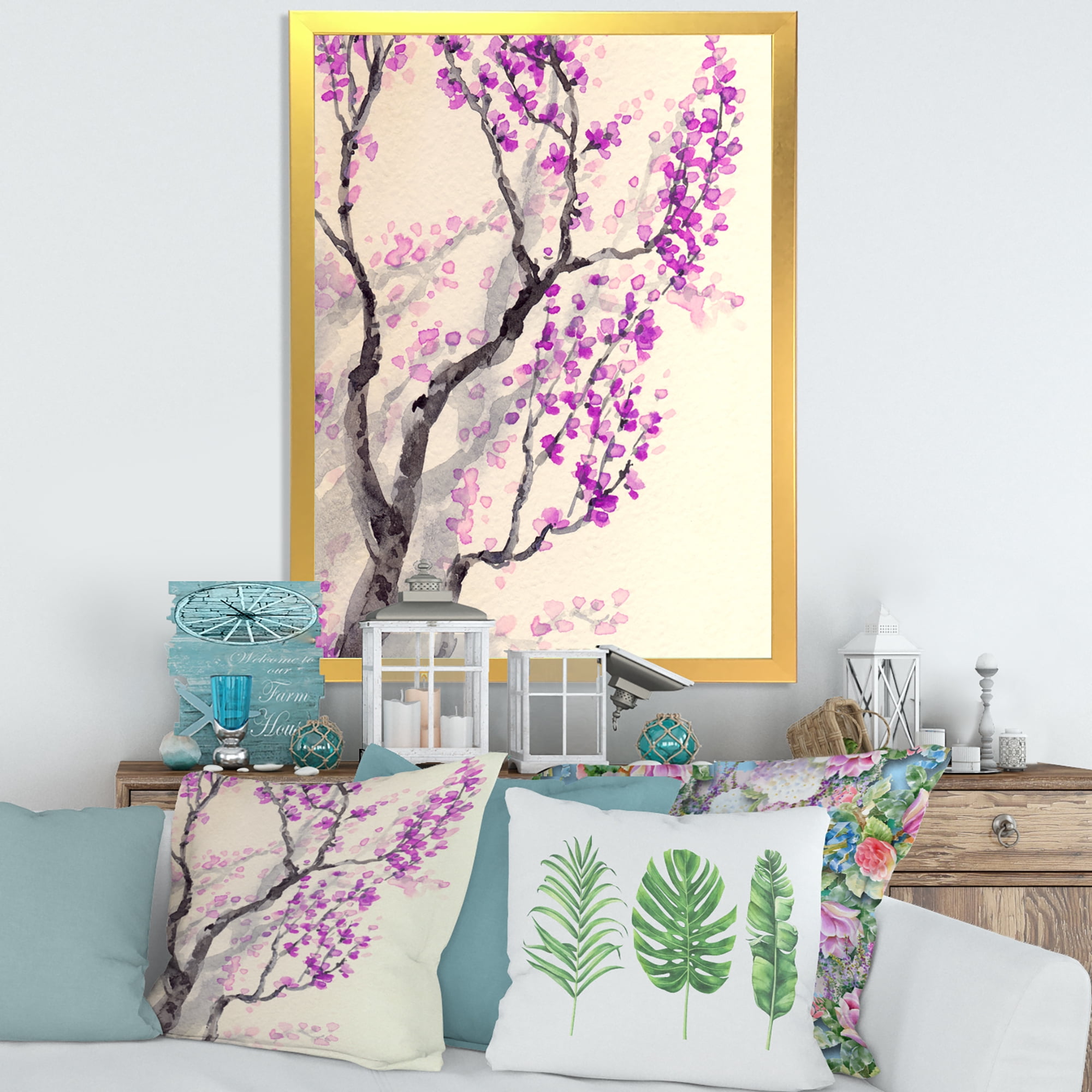 Abstract Spring Purple Flowers On Tree Branches 16 in x 32 in Framed Painting Canvas Art Print, by Designart
