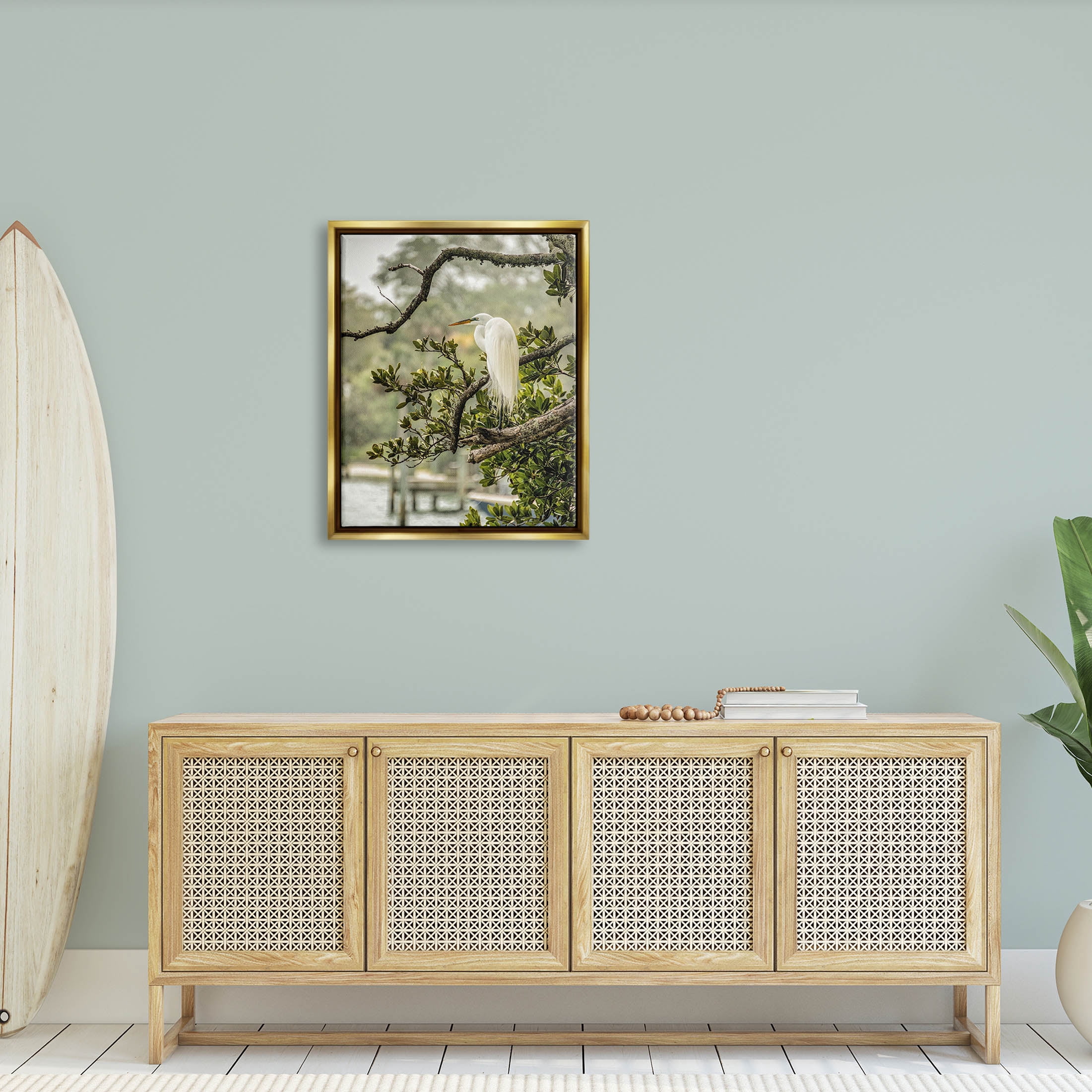Stupell Industries Elegant Bird Perched Lakeside Tree Photograph Metallic Gold Floating Framed Canvas Print Wall Art, Design by Mary Lou Photography