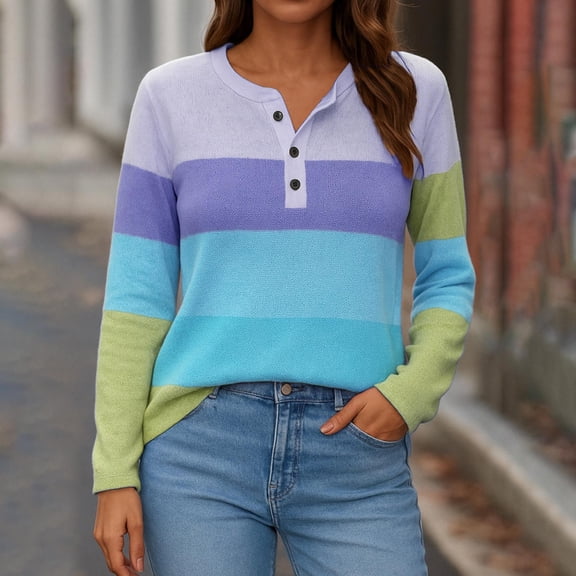 BRGZLK Womens Color Blocking Striped Tops Casual Loose Notched V Neck Long Sleeve Trendy Comfy Button Up Pullover Top T Shirt Blue XXL