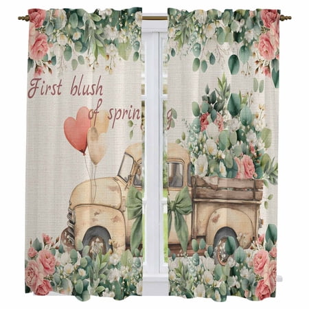 Eucalyptus Trucks Kitchen Curtains 63 Inch Length Spring Farmhouse Floral Leaves Burlap Tiers Curtains for Living Room Berdoom Bathroom Light Filtering Drapes Window Treatment 2 Panels 42 Wx63 L