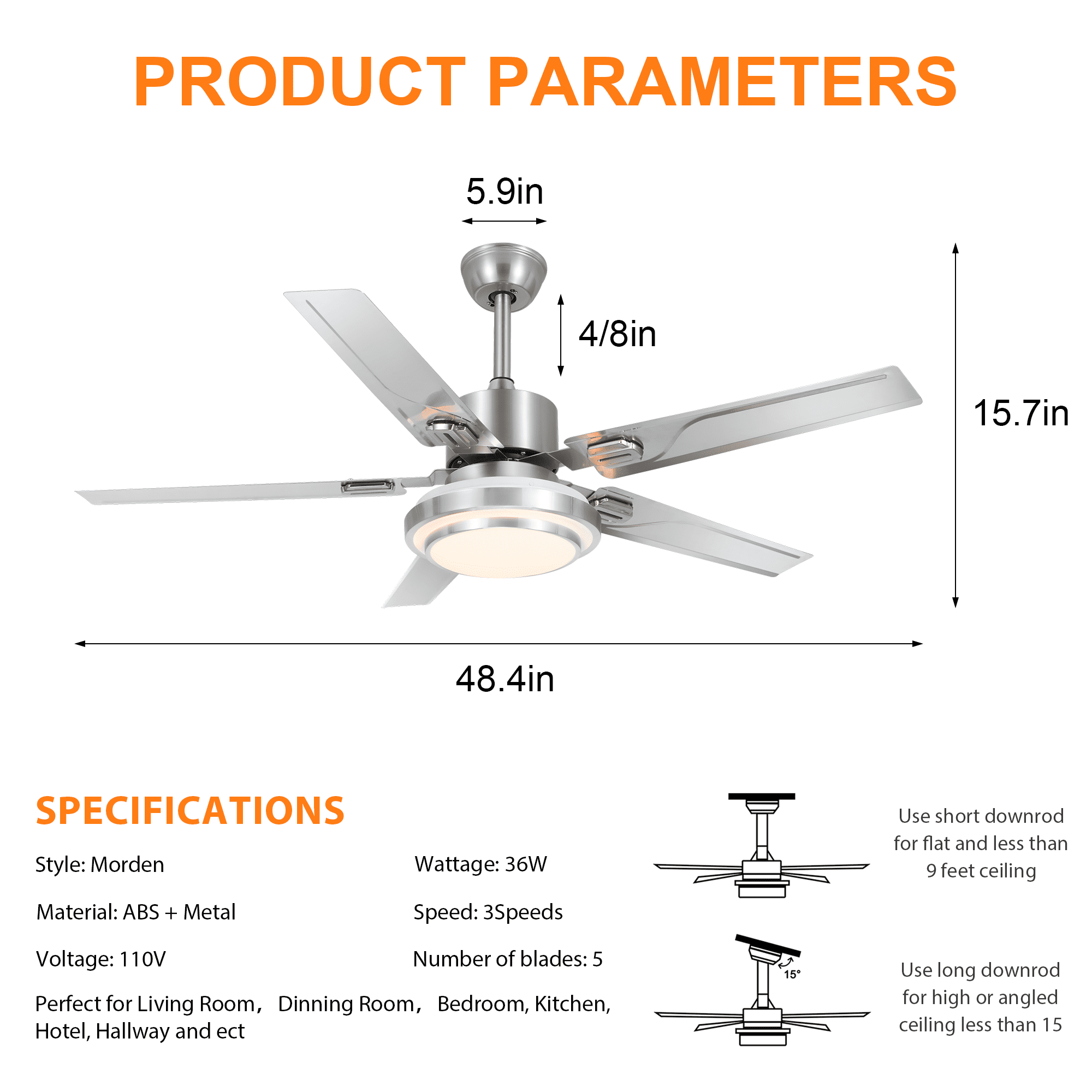 48" Stainless Steel Ceiling Fan with LED Light - 5 Blade Industrial Chandelier Fan, 5000 CFM Brushed Silver & Remote Control, Adjustable Downrod (10''/20'') for Restaurant/Loft, Anti-Rust Iron Frame