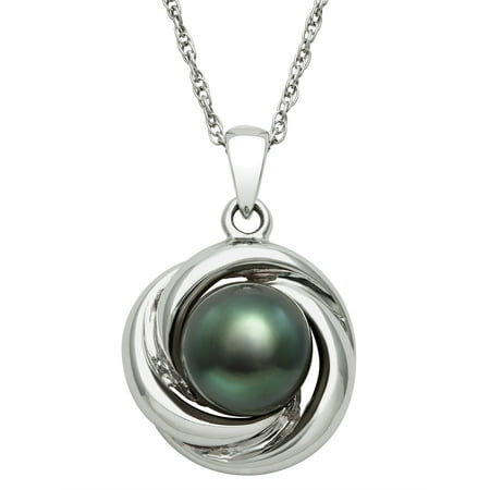 - 8-9mm 3/4-Cut Tahitian Black Pearl Love Knot Sterling Silver Pendant, 18