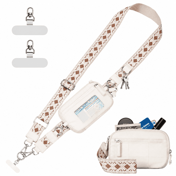 Adjustable Printed Crossbody Phone Lanyard with Detachable Quilted Zipper Wrist Wallet, Transparent ID Window Multi Pocket Storage Strap for Daily Travel Outdoor Use