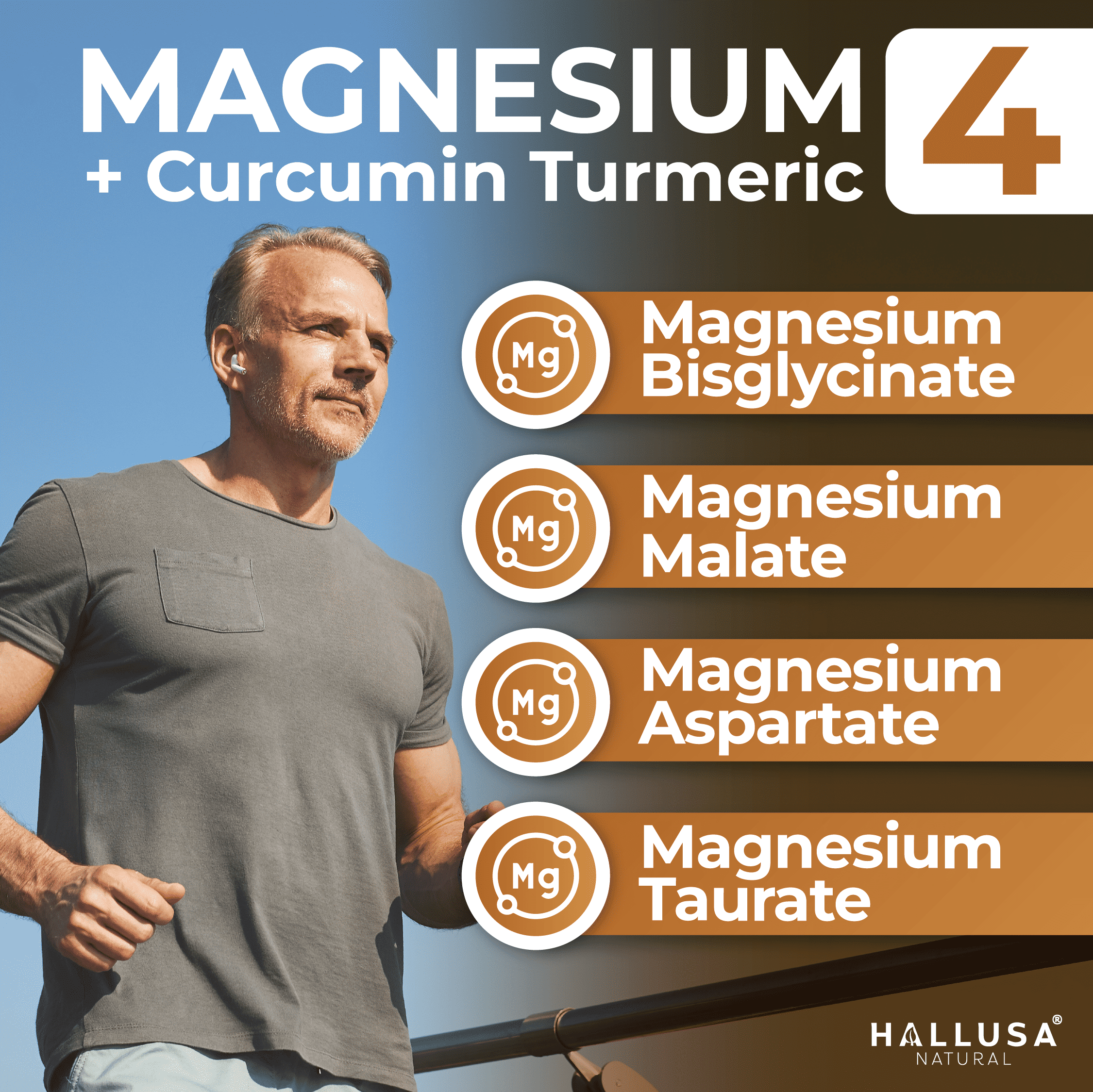 Hallusa Natural 4 Magnesium Complex + Curcumin Turmeric, Malate, Aspartate, Taurate, Bisglycinate - Energy, Muscle Function, Heart Health & Digestion - 60 capsules