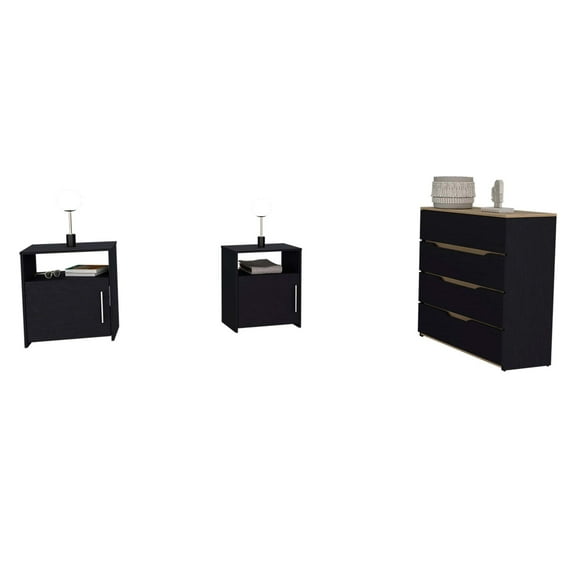 Newboti Furniture 3 Piece Bedroom Set, Aralia Drawer Dresser, 2 Omaha Nightstands, Black / Light Oak 43571