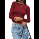 thumbnail image 1 of Camiseta de Larga con Cuello Redondo y Espalda Abierta para Mujer, Estilo Y2K, Estilo Retro Informal de Color Liso Vino Tinto L, 1 of 10