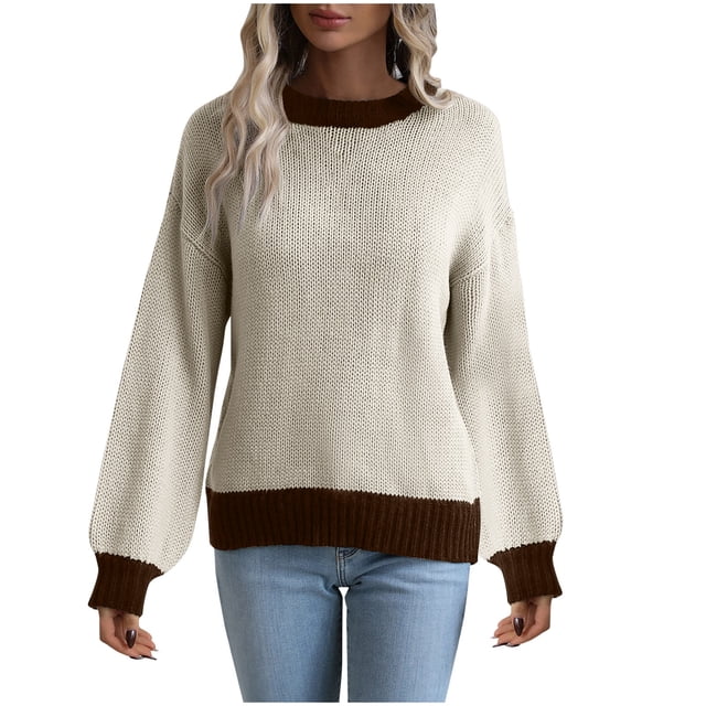 Mrat Chandails Chauds pour Femmes Mode Décontractée Couleur Rétro Tricot Manches Longues Col Rond Chandail Mignon Hauts pour Femmes Automne P-207 Beige m