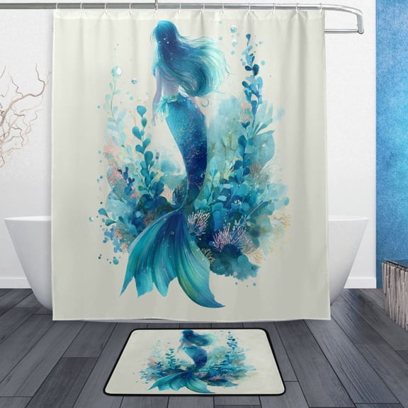 TTYFWHD 60" x 72" Shower Curtain and Bath Mat Set Watercolor Teal Mermaid Waterproof Bathroom Curtain with 12 Hooks, Bathroom Decor Set