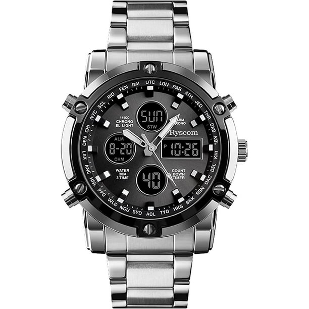 Reloj Analógico-digital Con Correa De Acero Inoxidable cronometro calendario y alarma con luz led de Fondo Negro Ryscom Fondo Negro