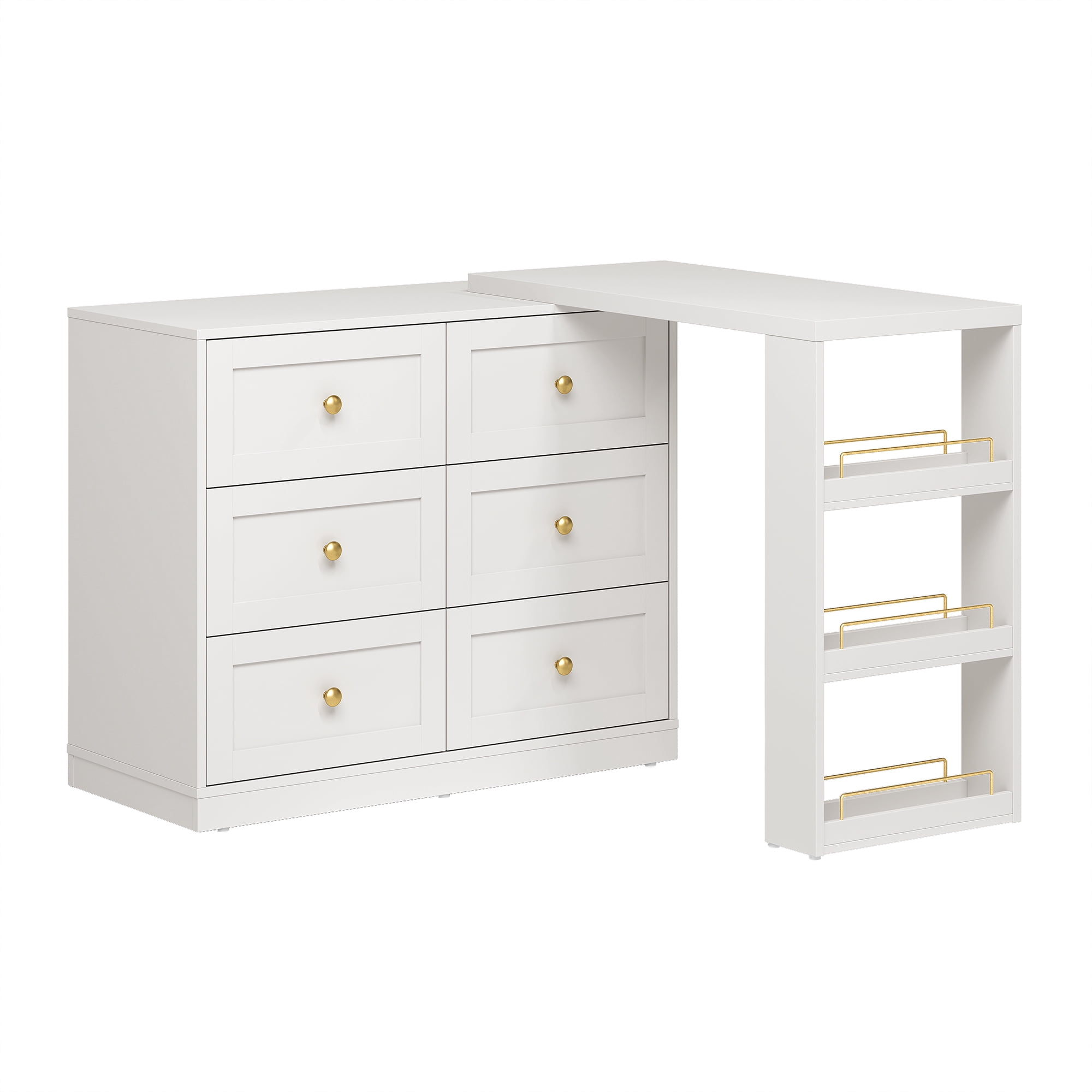 Heynemo Extendable Makeup Vanity Desk with 3 Side Shelves, L-Shaped Vanity Table and Dresser Combo with 6 Drawers, Modern Dressing Table for Bedroom, Dressing Room, White