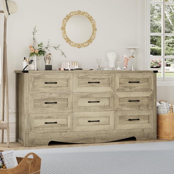 Dresser of 9-Drawer, 59" Wide Farmhouse & Mid-Century Modern Wooden Storage Chest Dresser , Anti-Tip Safety & Sturdy Storage for Bedroom, Living Room