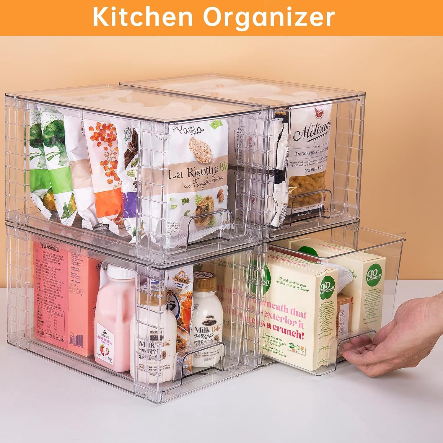 4Pack Large Stackable Kitchen Storage Drawers, Clear Foods Organizer Bins with Handles, Easily Assemble for Bathroom, Kitchen, Pantry, Cabinet, Closet(XL-Down Handle)