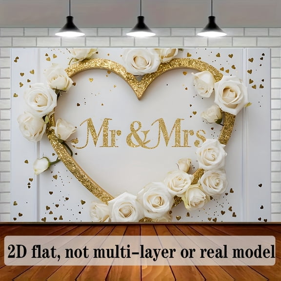White Floral Mr & Mrs Wedding Backdrop White Rose Golden Heart Couples Engagement Background Bride and Groom Anniversary Bridal Shower Party Decorations Banner Supplies Photo Booth Props
