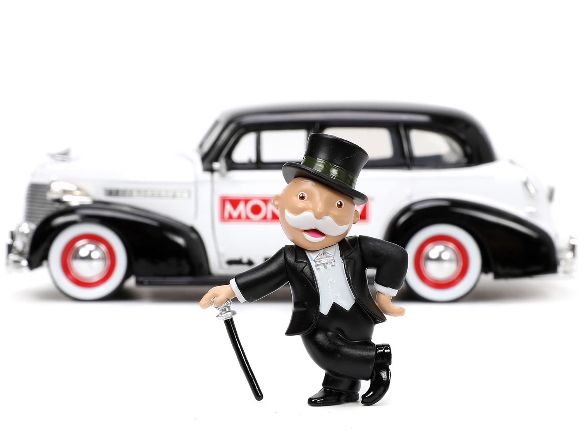 1939 Chevrolet Master Deluxe Black and White Monopoly and Mr. Monopoly  Diecast Figure 1/24 Diecast Model Car by Jada 