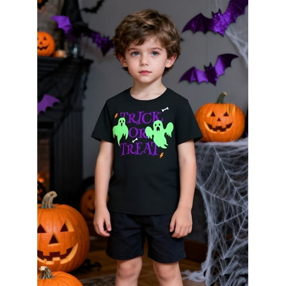 Little Hand Boys Toddler Halloween Skeleton Shirt Short Sleeve T-Shirt Boo Pumpkin Tee Top Children Grils Clothes Size 2-7T