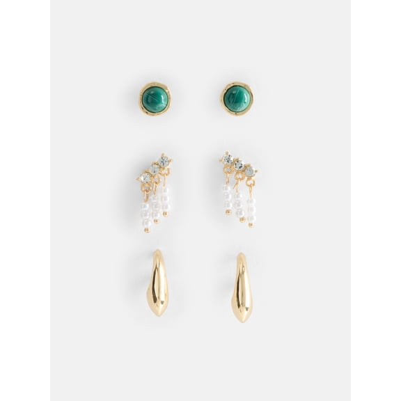 Scenario Women's Gold-Tone Green Swirl Stone Faux Pearls Post C-Hoop Earring Set, 3-Piece