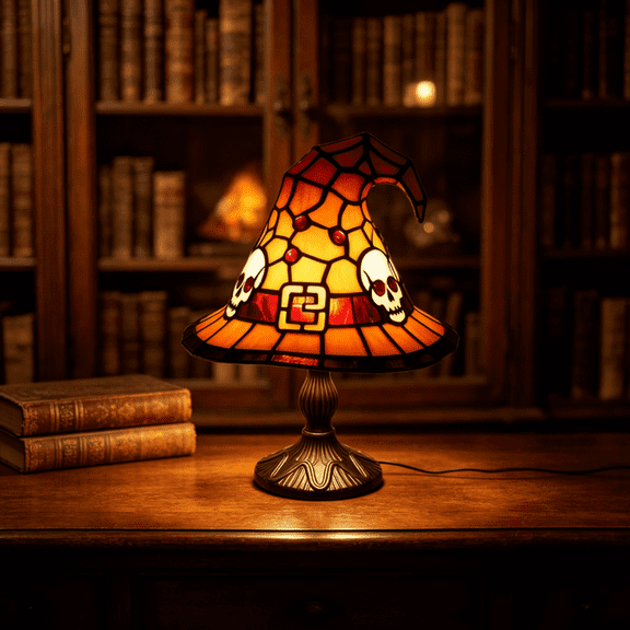 Stained Glass Witch Hat Lamp Gothic Halloween Lighting Decor, Vintage Halloween Decor Purple Bat Resin Night Light for Desk & Mantel