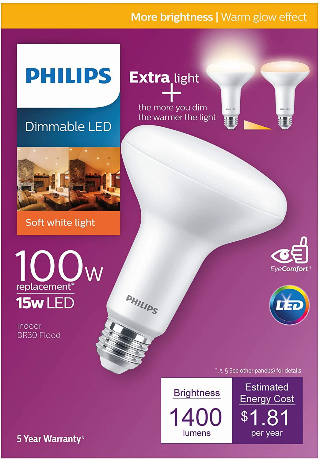 pizza Therefore Arab Sarabo Philips LED 558023 BR30 Flicker-Free Flood Light Bulb with EyeComfort  Technology: 1400-Lumen, 2200-2700K, 15 (100W Equivalent), E26 Base, Soft  White with Warm Glow Dimming, 4-Pack, Title 20 - Walmart.com
