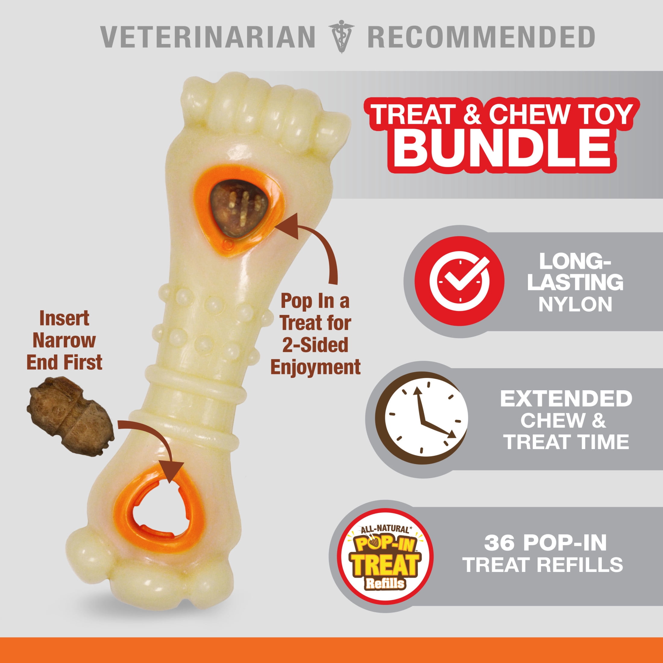 Nylabone Power Chew Knuckle Bone Pop-In Dog Treat Toy with 30 Dog Treats, Dog Toy, Chicken Flavor, Large