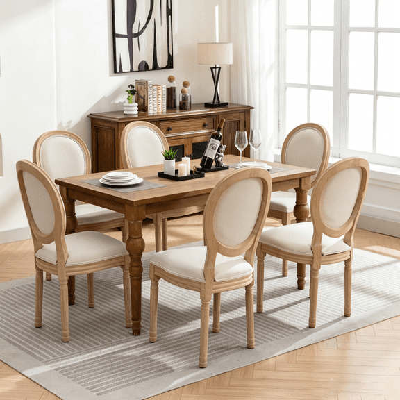 French Country Dining Chairs Set of 6, Linen Upholstered Oval Back Dining Room Chairs with Antique Solid Wood Frame, Farmhouse Accent Side Chairs for Kitchen, Living Room