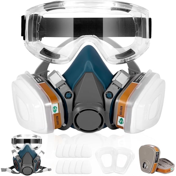 Half Face Respirator Mask with 6001 Filters - Reusable Paint Respirators Gas Mask with Goggles for Chemical Against Gases Dust Organic Vapors Spray Sanding Welding 6200 Epoxy Resin Respirator Blue