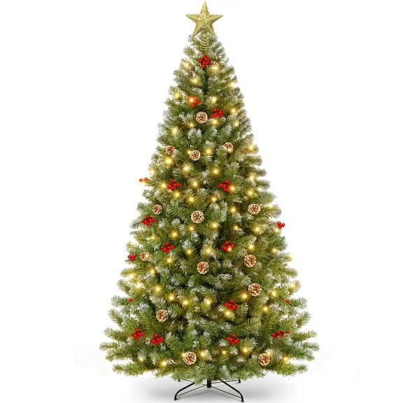 GVDV 6FT Pre-Lit Berry Christmas Tree, Artificial Snowflake Christmas Tree with 300LED Warm White Lights, Pine Cones & Top Star, Xmas Holiday Decor, Metal Hinges Easy Assembly