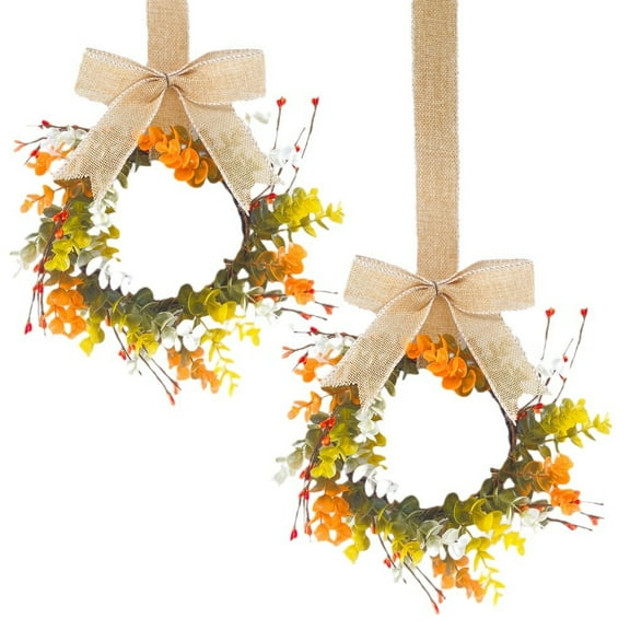 2PCS Mini Wreaths with Ribbon for Kitchen Cabinet, Porch, Wall, Window Decor