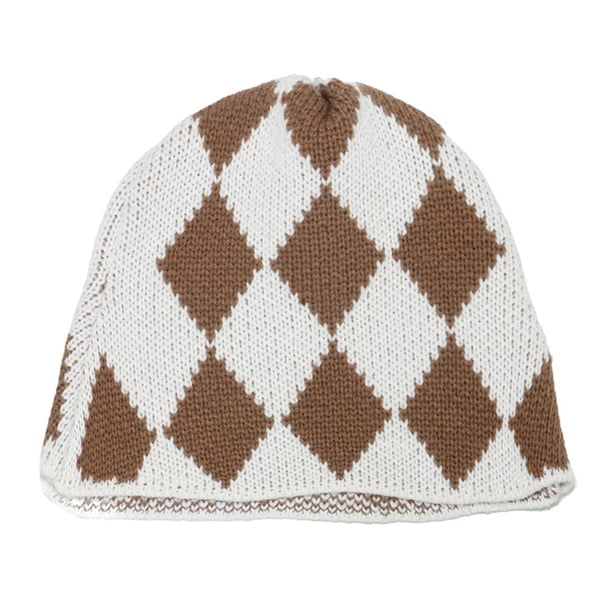 Gorro de pescador corto con puños de punto de lana para hombres y mujeres, gorros cálidos de invierno con diseño geométrico de diamantes y cuadros, gorro de lana