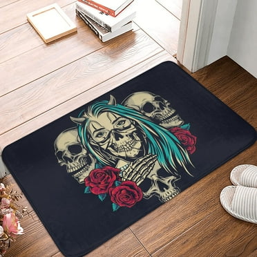 DouZhe Doormat Non-Slip Washable Floor Mat, Indoor Area Rug Vintage Skull Flower Rose Pattern Carpet, 24x16 inches