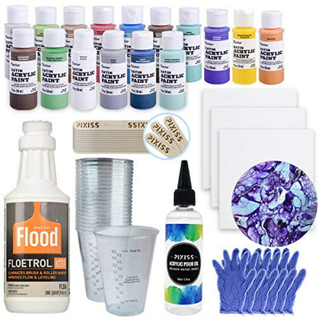 Acrylic Paint Pouring Bundle - Floetrol, Cups, 16x 2-Ounce Acrylic Paints, 3X 5-inch Canvases, Pixiss Acrylic Pouring Oil, Mixing Sticks, Gloves, Complete Kit for Paint