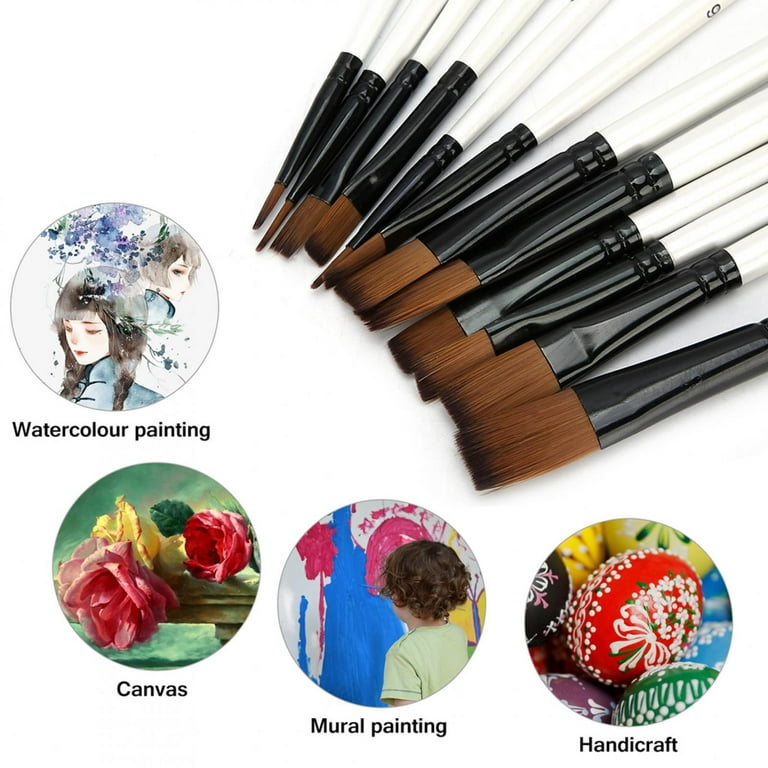 Flat Head Paintbrush Set Nylon Hair Paint Brush Set for Acrylic Oil Watercolor Painting Artist Professional Painting Kits (12pcs Pearl White Flat