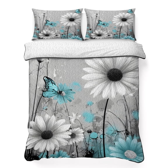 Quilts King Size Bedding Set, Teal White Daisy Lightweight Quilted Comforter, Elegant Floral Grey Abstract Aesthetic Soft Reversible Bedspread Coverlet with Pillow Covers for All Season, 96" x 106"