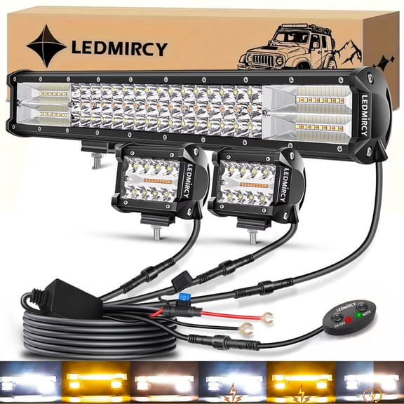 LEDMIRCY 20Inch LED Light Bar and 4Inch LED Pod Lights White Amber 6 Modes Strobe Off Road Lights with Memory Function Spot Flood Combo Dual Color Driving Work Lights for ATV UTV SUV Trucks Pickup