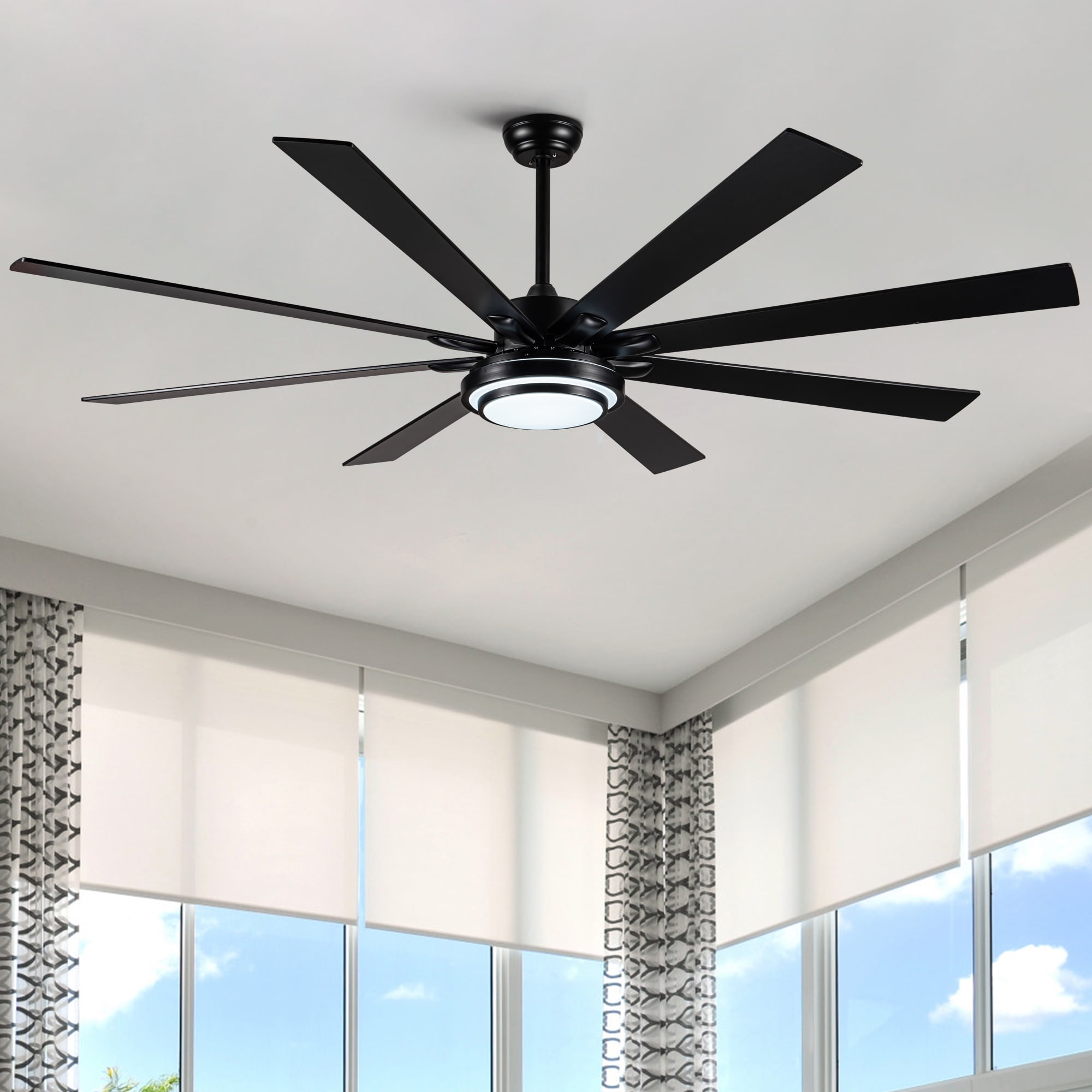 Wellspeed 72 in. Large Ceiling Fan with 8 Blades and Remote, Modern Contemporary Indoor, Black
