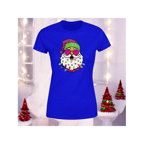 Playera Blusa Con Estampado De Santa Arbolito De Navidad Ropa Para Mujer Color Azul Talla Grande Marca Emil SaEs