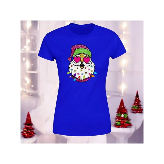 Playera Blusa Con Estampado De Santa Arbolito De Navidad Ropa Para Mujer Color Azul Talla Chica Marca Emil SaEs