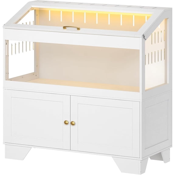 HOOBRO Large Acrylic Hamster Cage with Storage Cabinet & LED Light Strip, Flip-Top Lid, White