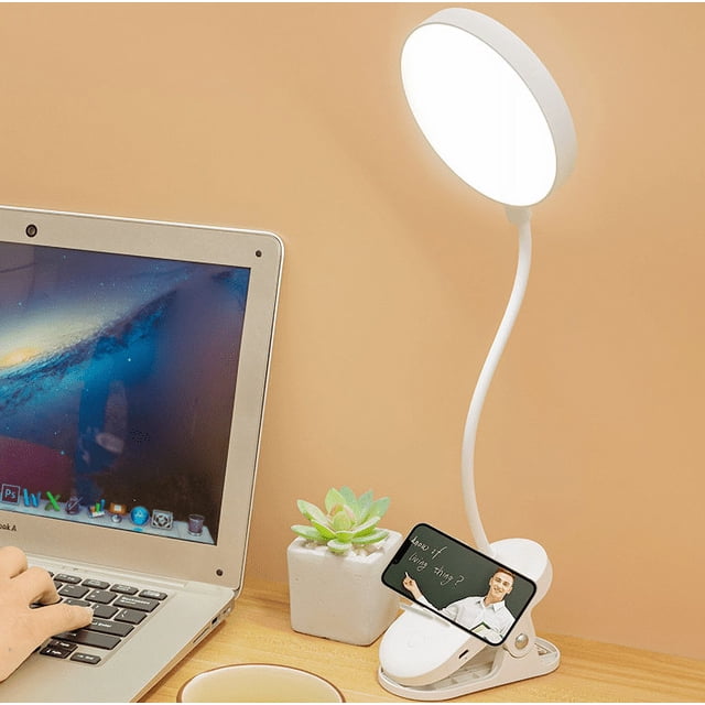 Lámpara LED de pinza para luz infantil, flexible de 360°, lámpara de luz con clip, 3 modos de iluminación y 5 intensidades variables, lámpara de mesa LED sin filtro recargable USB para luz de libro