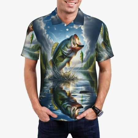 Logiee Largemouth Bass Jumping Out of The Water Print Mens Polo Shirts Mens Golf Polo Shirts Short Sleeve Casual Polo Shirts for Men Summer Fashion Beach Shirts-Small