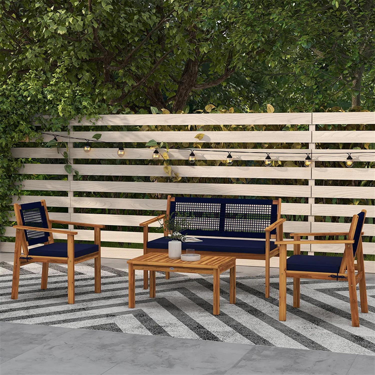 Demi Bonn 4-Piece Outdoor Conversation Sofa, Patio Furniture Set with 2 Acacia Wood Chairs Cushions & Slatted Coffee Table for Backyard, Balcony, Porch, Brown