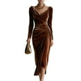 thumbnail image 2 of Women's Casual Dress Long Sleeve Elegant Fitted Classic Solid Color Midi Dress for Spring Fall Office Daily,Brown,S, 2 of 5