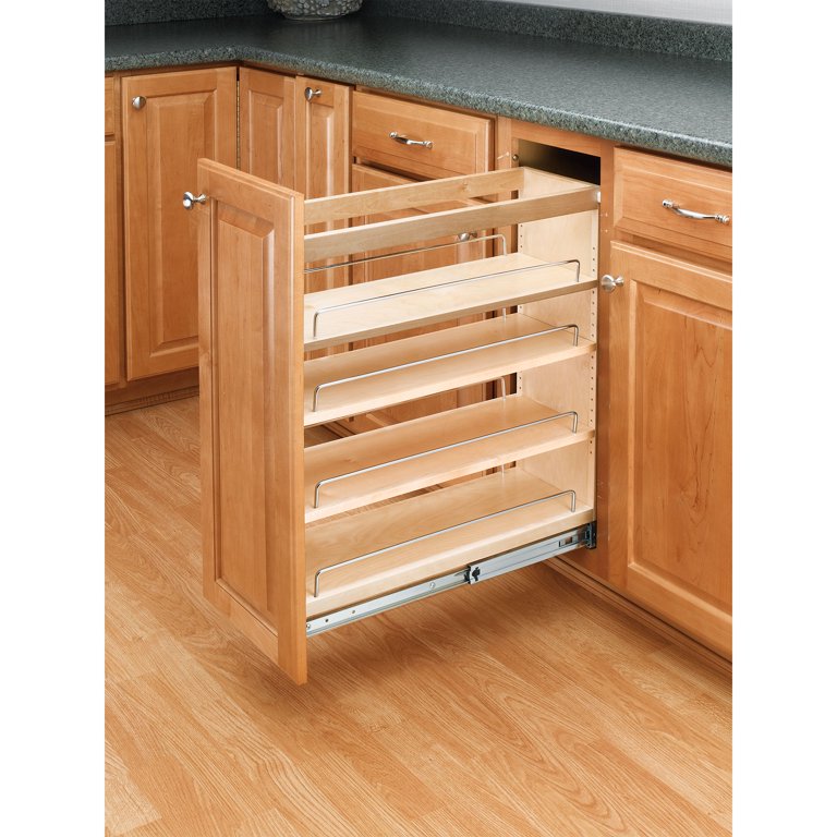 Rev-A-Shelf Pull Out Cabinet Organizer 448-WC-8C, 8-Inch Wood Base Kitchen  Multi-Use Cabinet with 3 Adjustable Shelves for Storage and Organizing