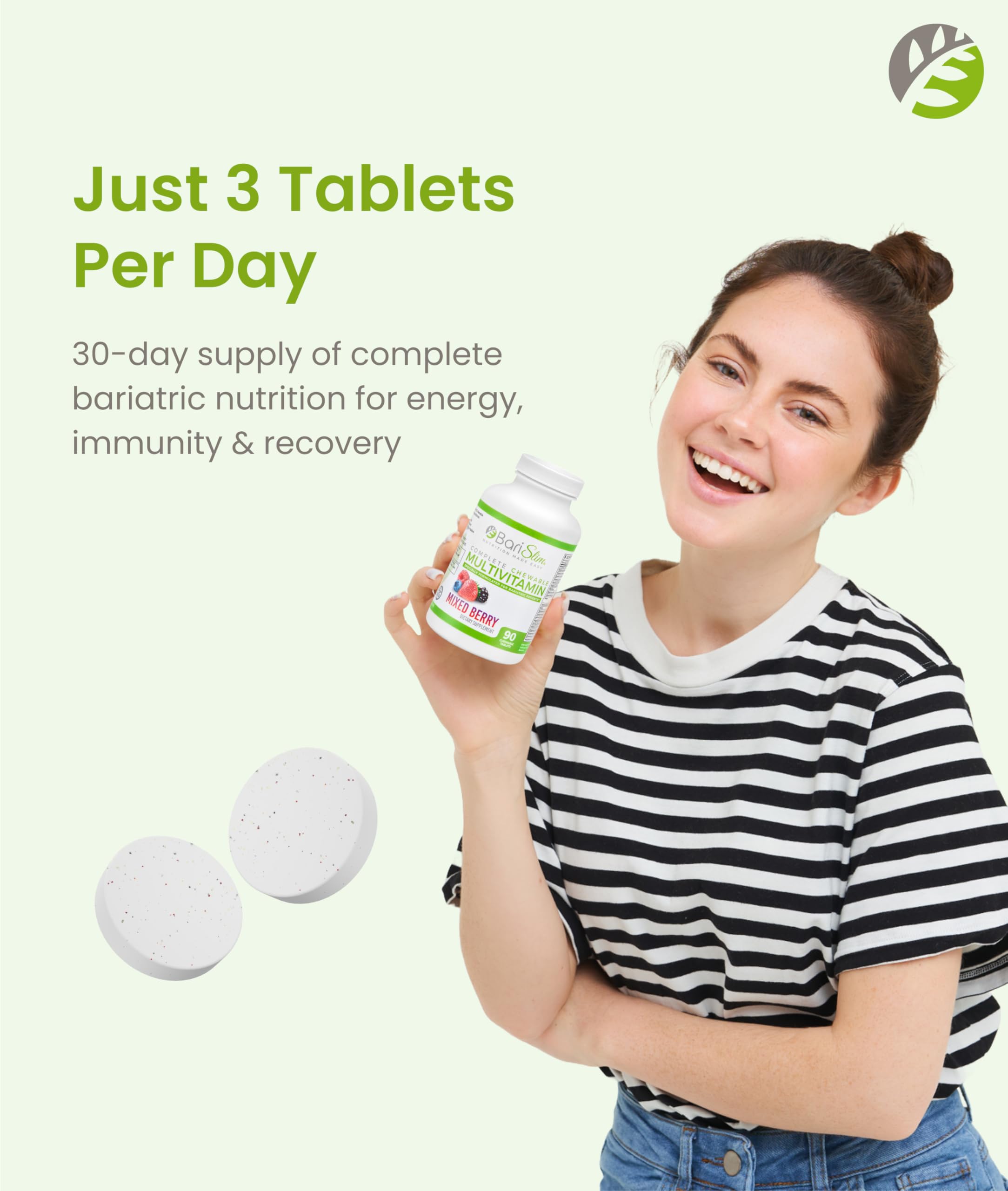 BariSlim Chewable Bariatric Multivitamin Tablets for Energy & Immune Support, Mixed Berry Flavor, 90 Count, 9.8 oz, Adults