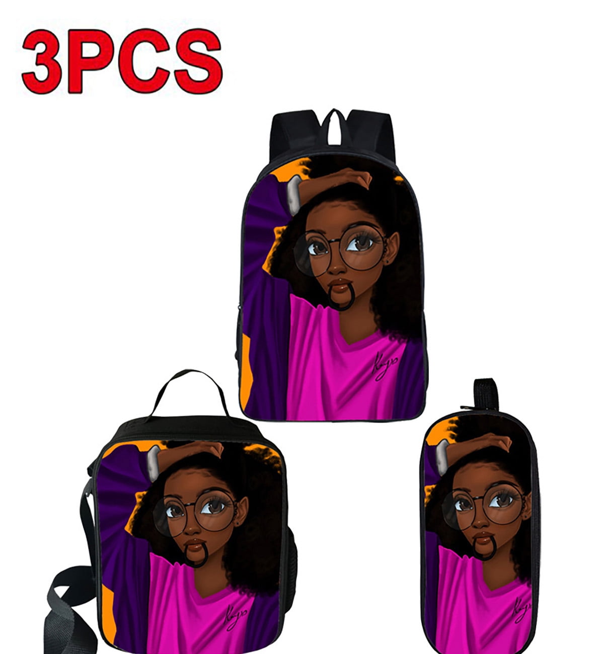 OLOEY 3-PACK African Cartoon Black Girls Backpacks School Bags