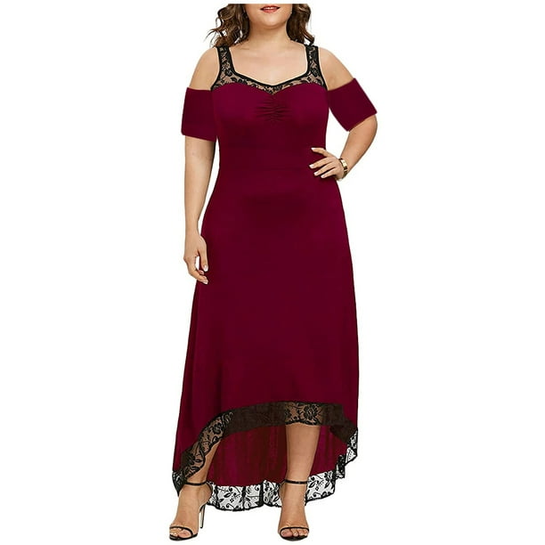 Fesfesfes Fesfesfes Plus Size Dress for Women Boat Neck Lace Patchwork  Short Sleeve Dress Hollow Cold Shoulder Sleeve Casual Dress Semi Formal  Knee Length Wedding Guest Dress 