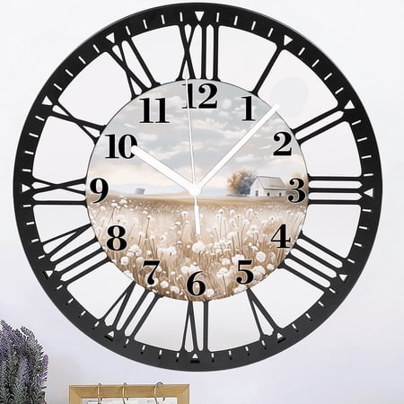 Iron Farmhouse Wall Clock Battery Operated 10 Inch Silent Non-Ticking Iron Wall Clocks Country Flower Field Clock for Kitchen Living Room Bedroom Decor Style 10×10inch(25×25cm)