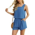 thumbnail image 3 of JWD Women's 2 Piece Square Neck Sleeveless Shorts Casual Set Women's Summer Top Navy Blue L, 3 of 9